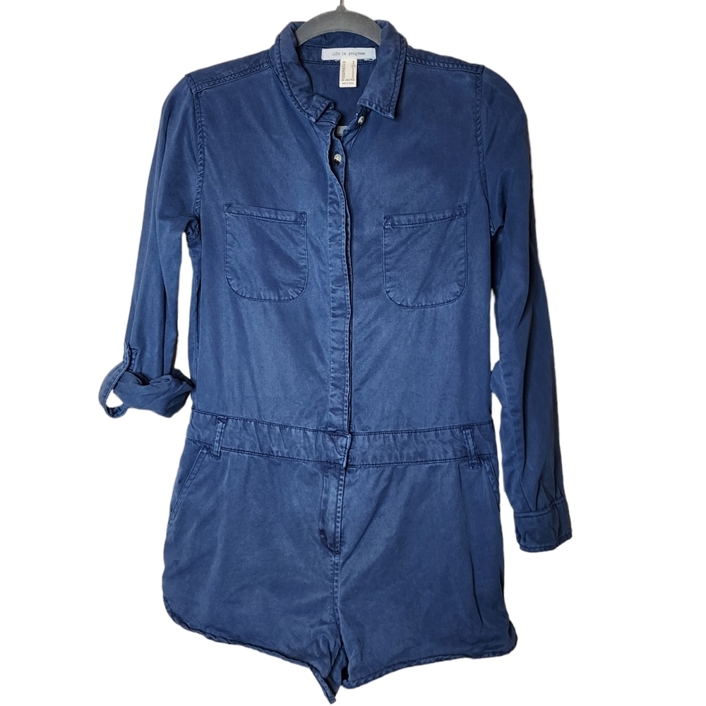 Life in Progress long sleeve chambray romper jumper. Blue Indigo.‎  Size small.